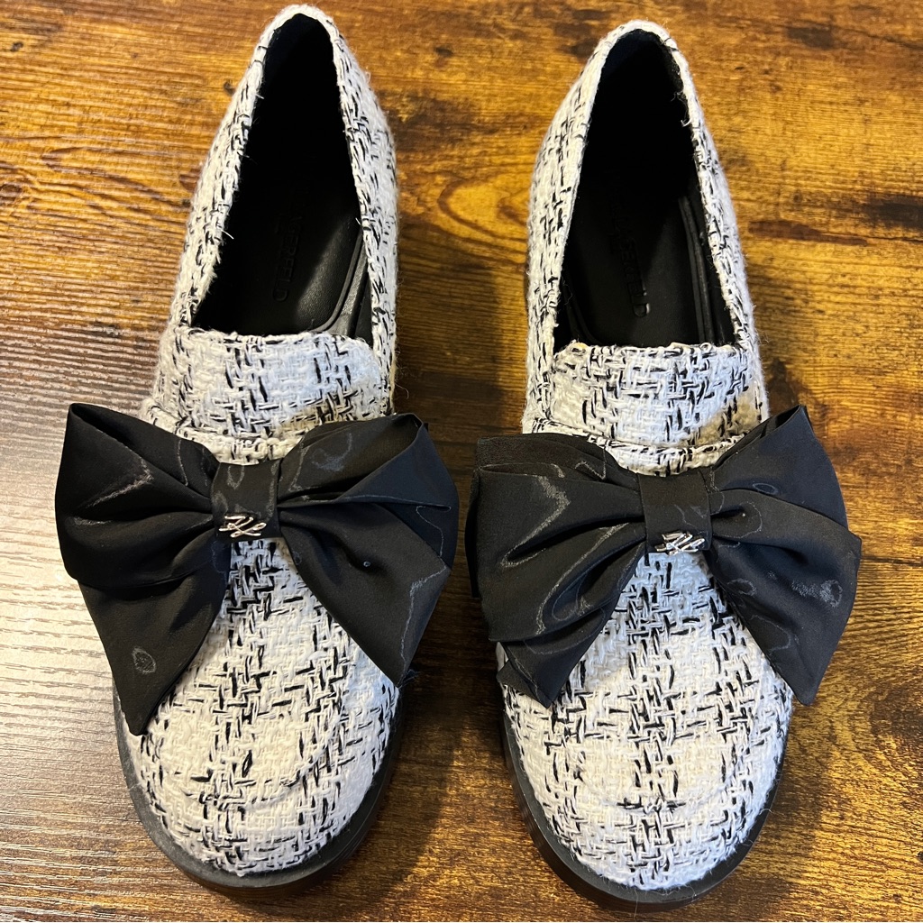 Karl Lagerfeld Paris Camilla Bow Tweed Loafers Womens 10 Black White Block Heel